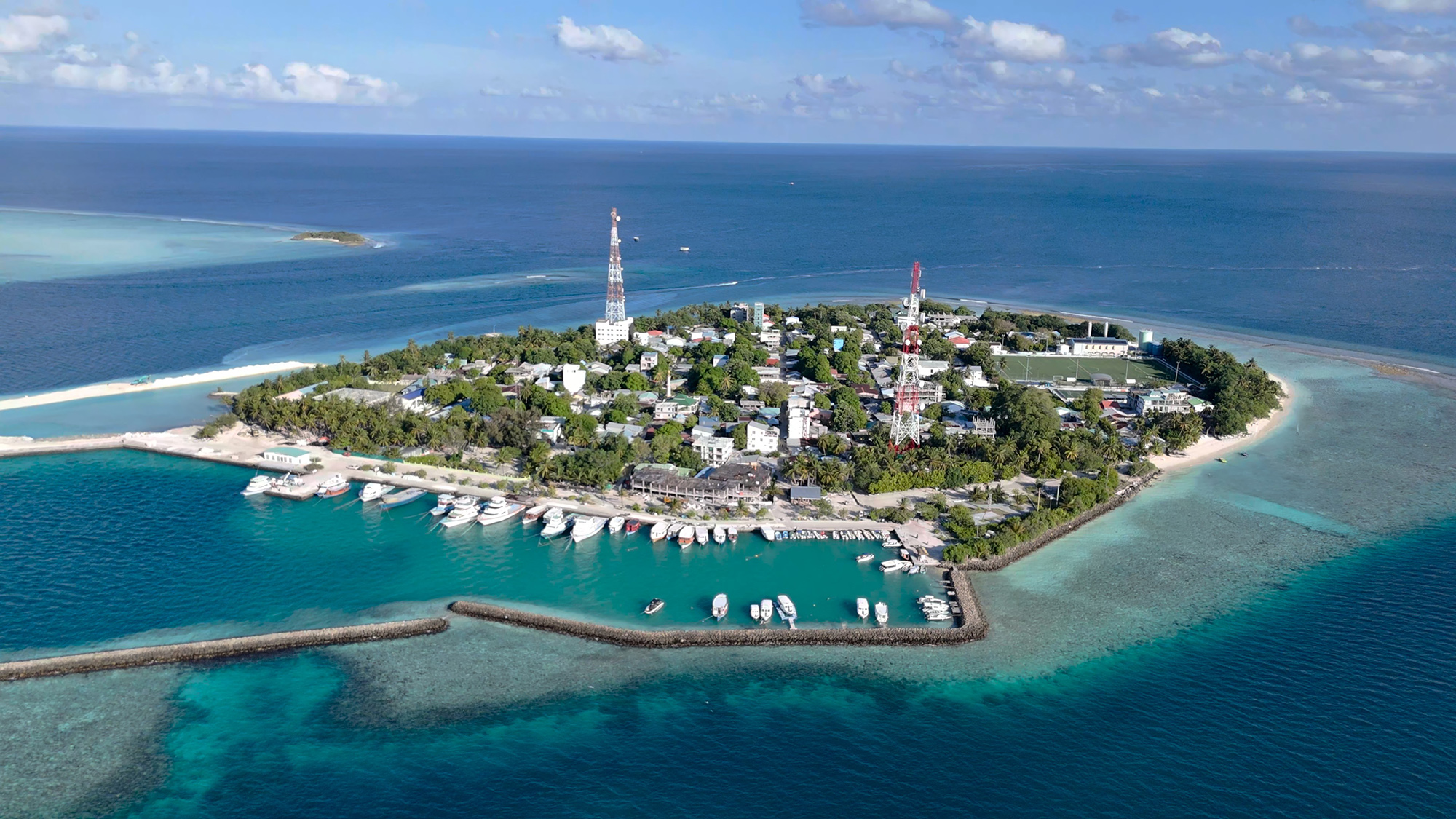 From the island base to the water.